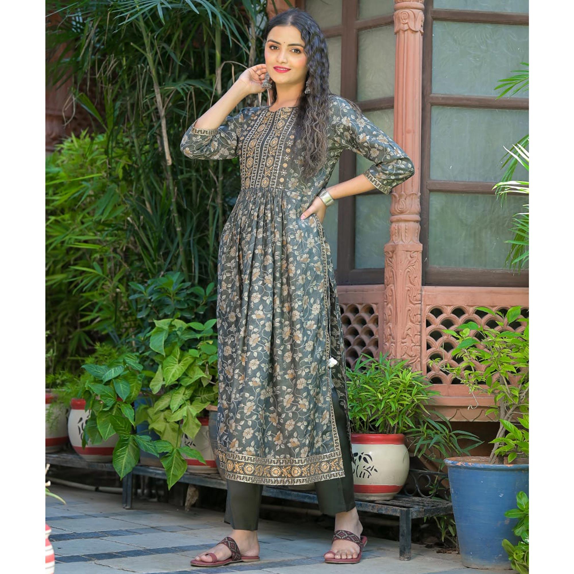 Grey Printed-Embroidered Chanderi Kurti Pant Set With Dupatta - Peachmode