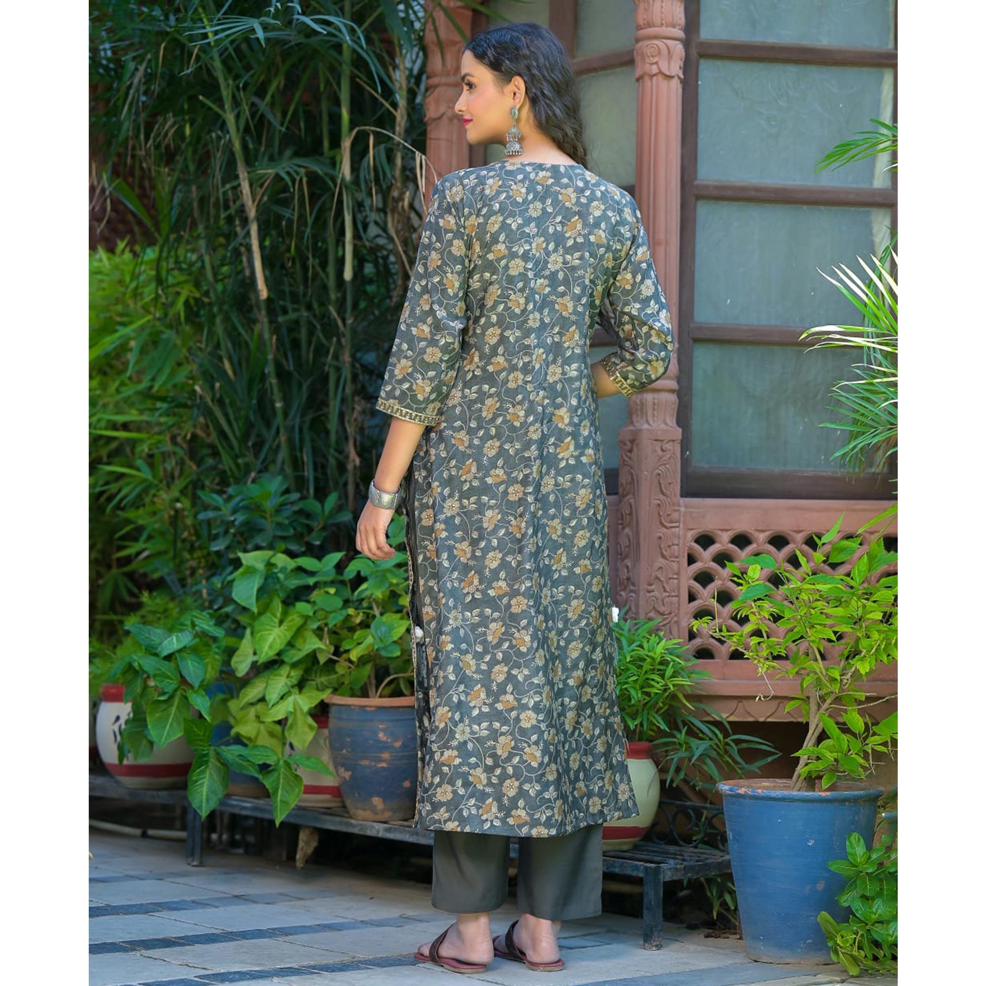 Grey Printed-Embroidered Chanderi Kurti Pant Set With Dupatta - Peachmode