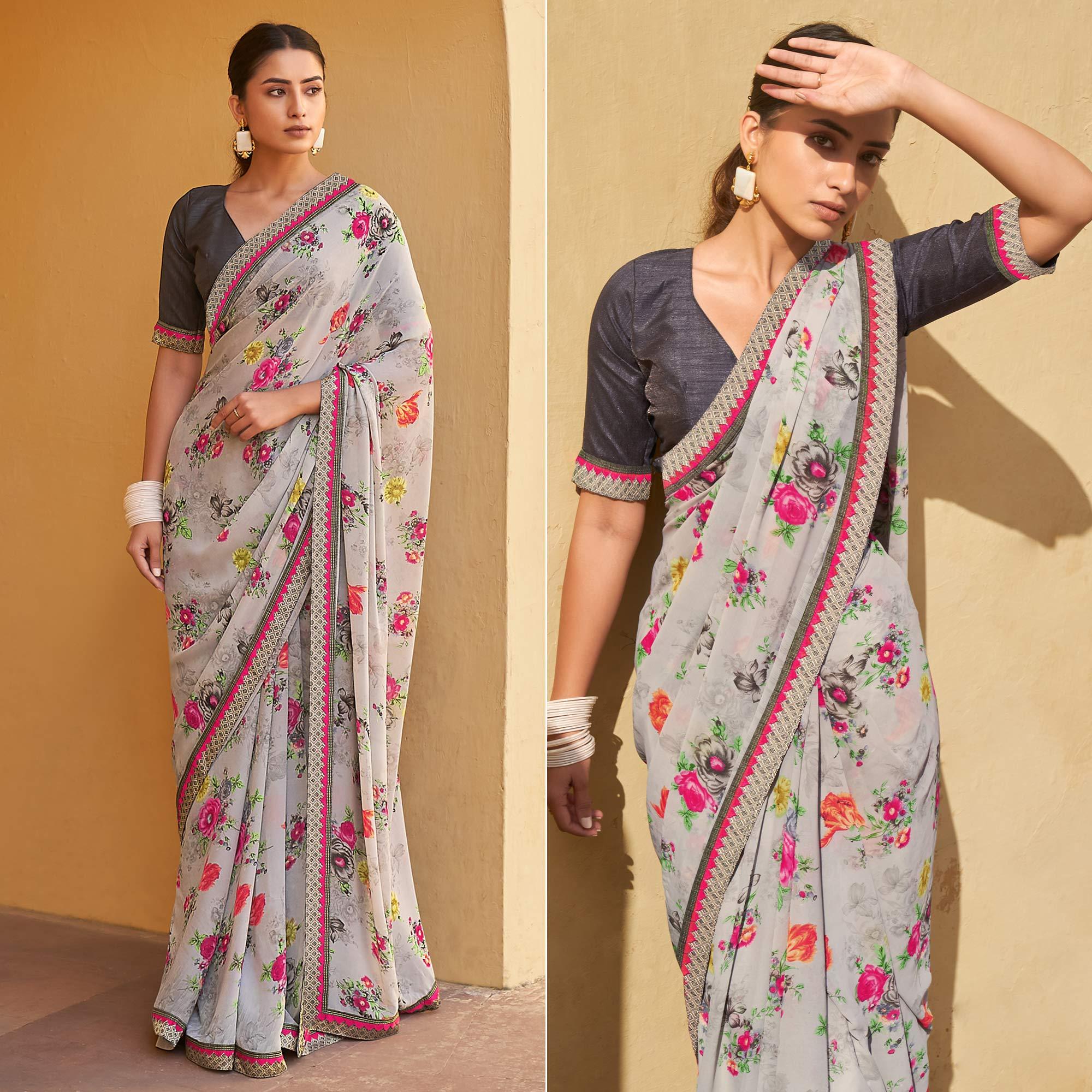 Grey Printed Georgette Saree - Peachmode