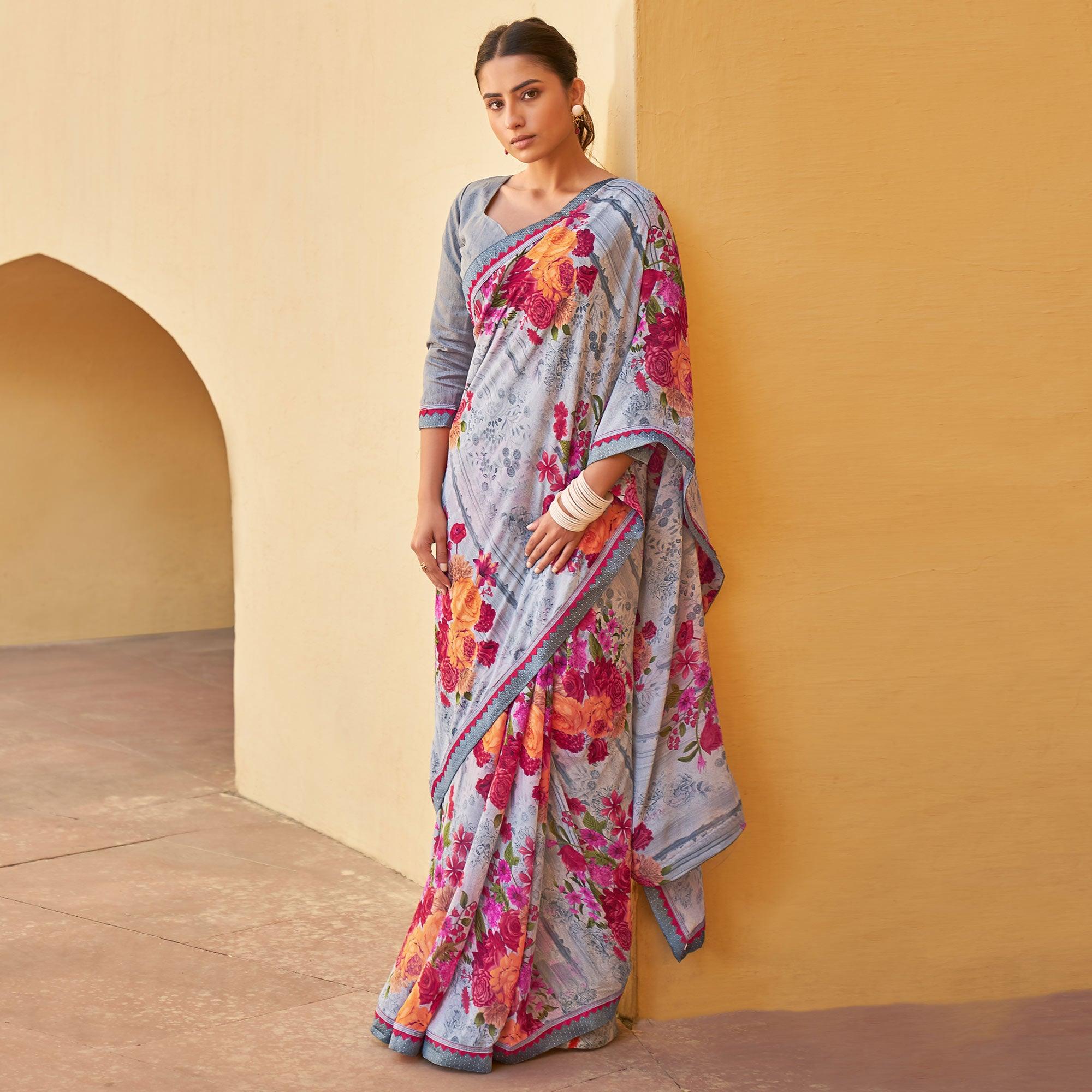 Grey Printed Georgette Saree - Peachmode