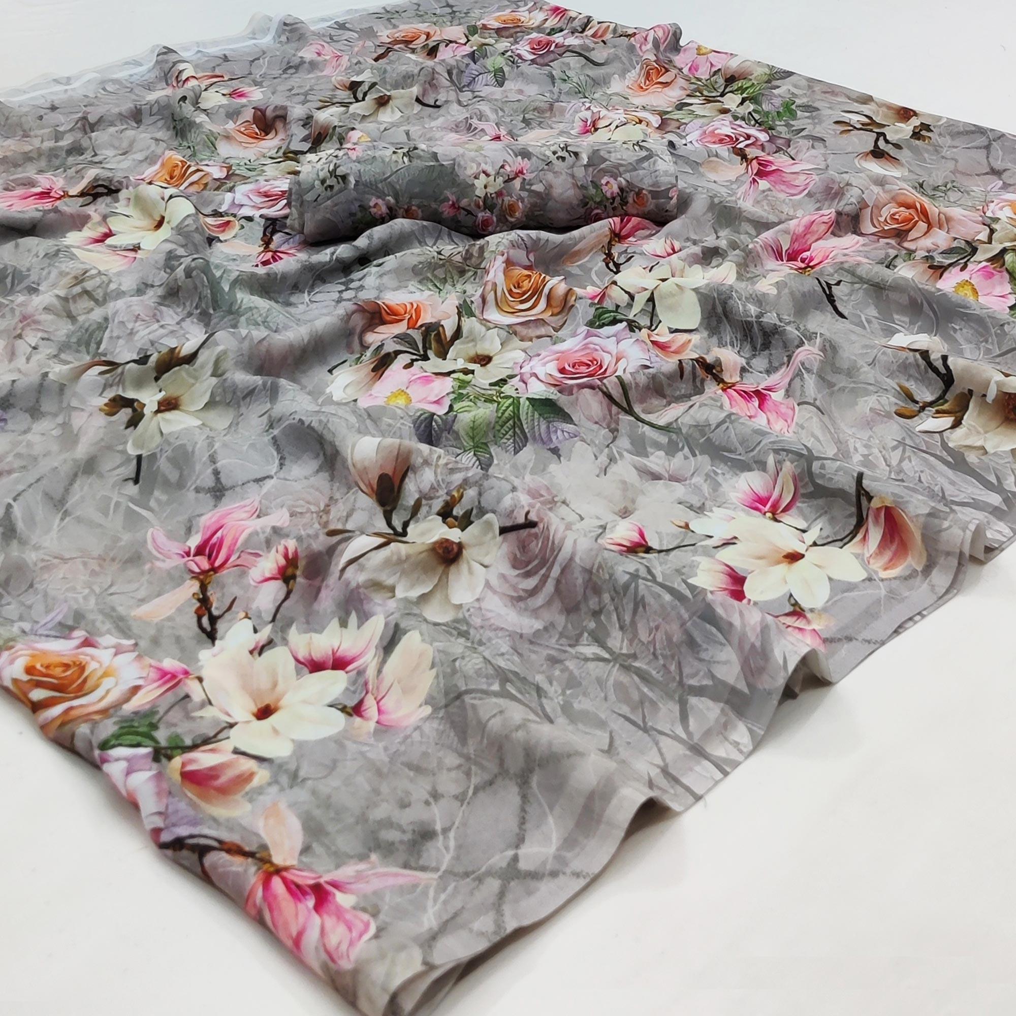 Grey Printed Georgette Saree - Peachmode