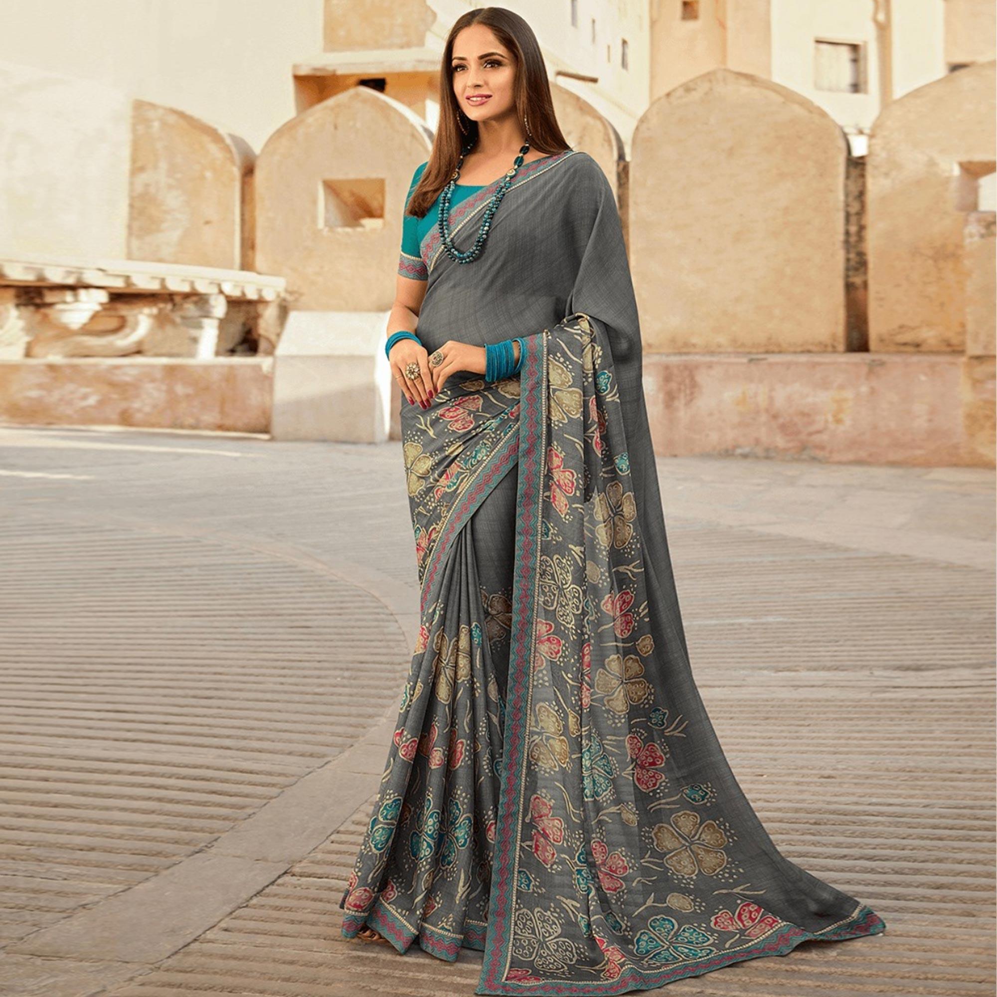 Grey Printed Georgette Saree - Peachmode