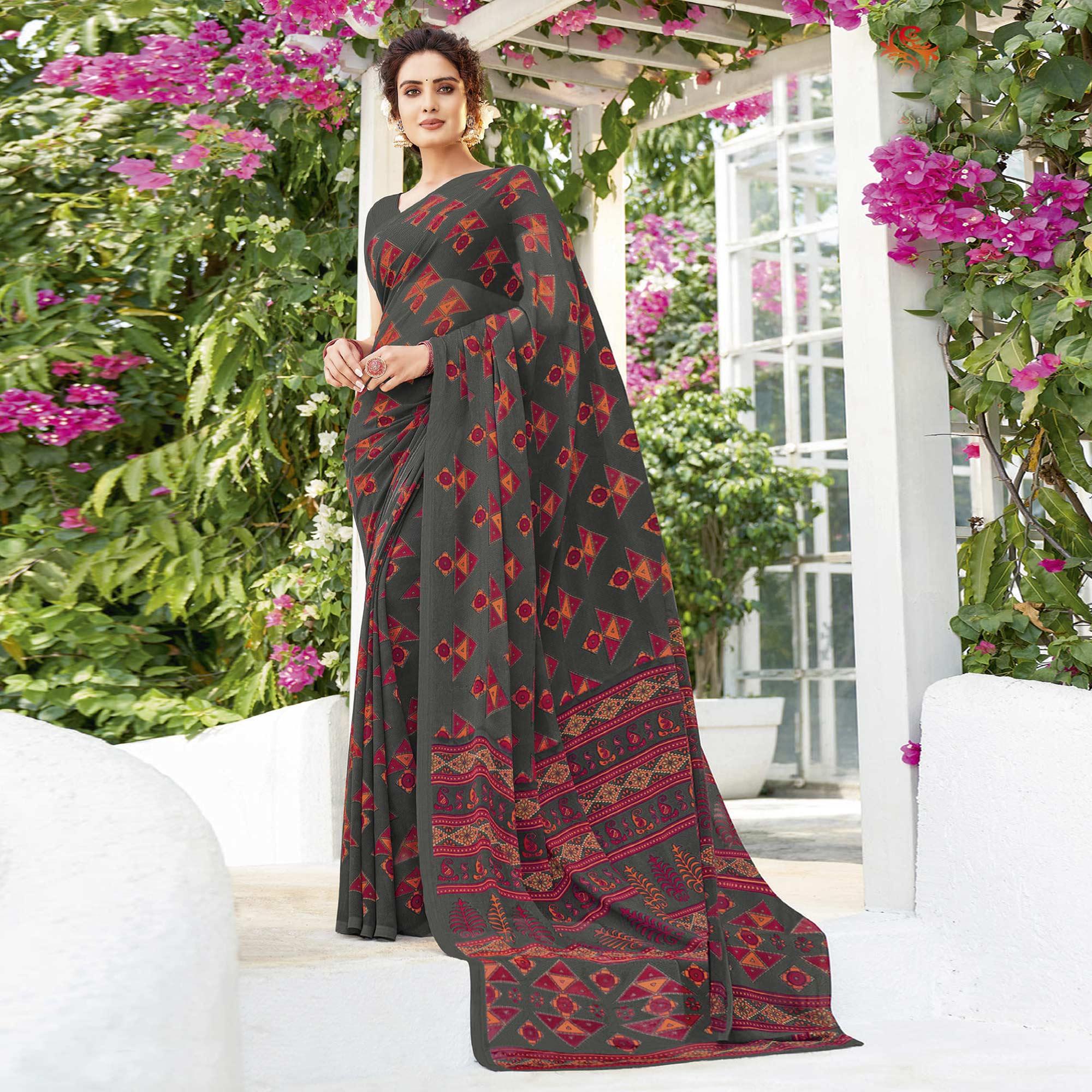 Grey Printed Georgette Saree - Peachmode