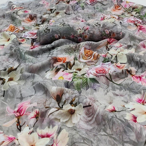 Grey Printed Georgette Saree - Peachmode