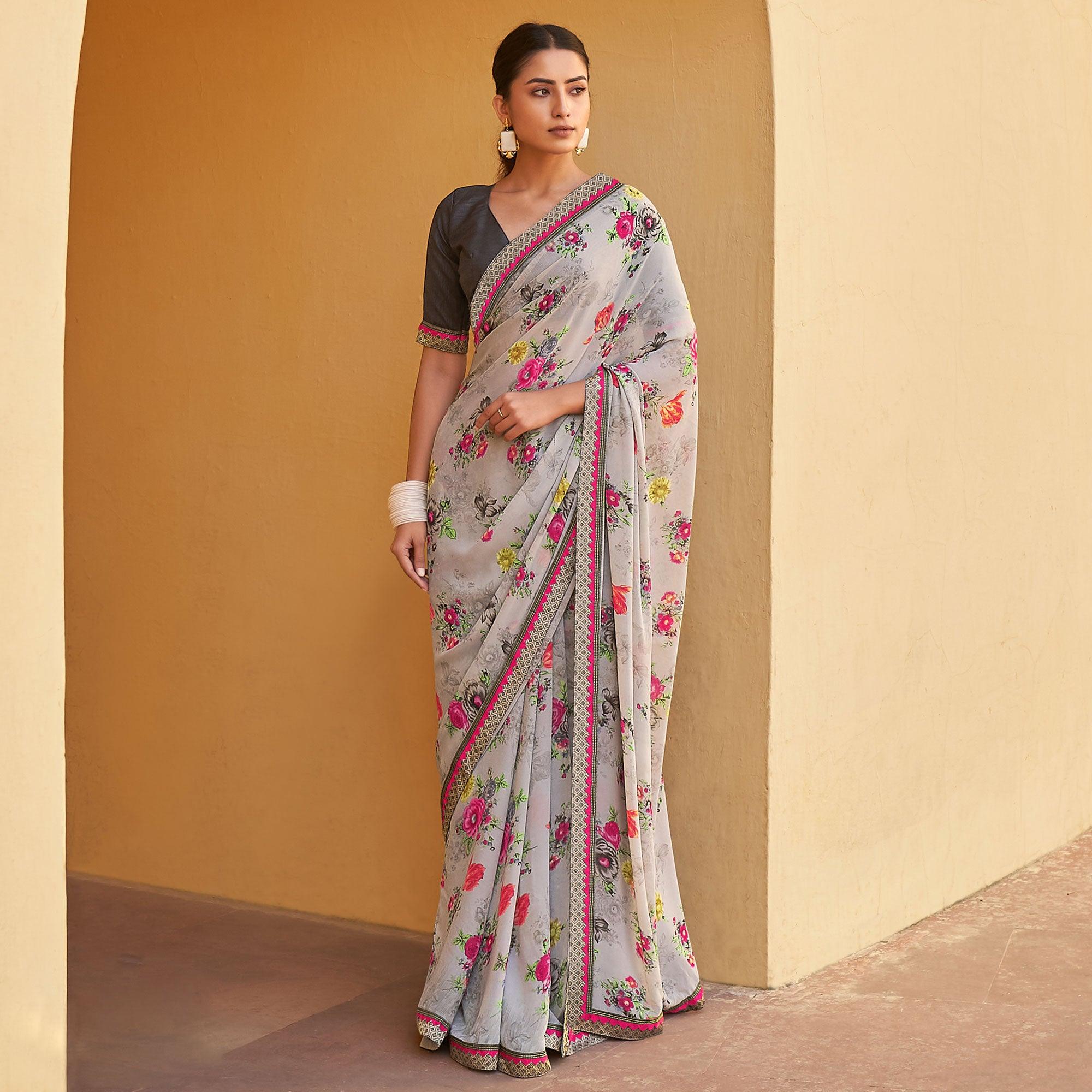 Grey Printed Georgette Saree - Peachmode