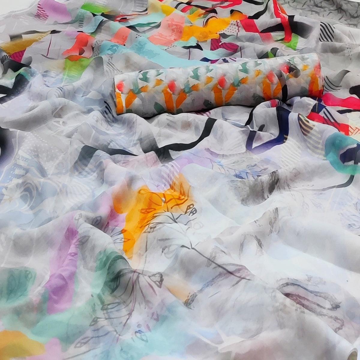 Grey Printed Georgette Saree - Peachmode