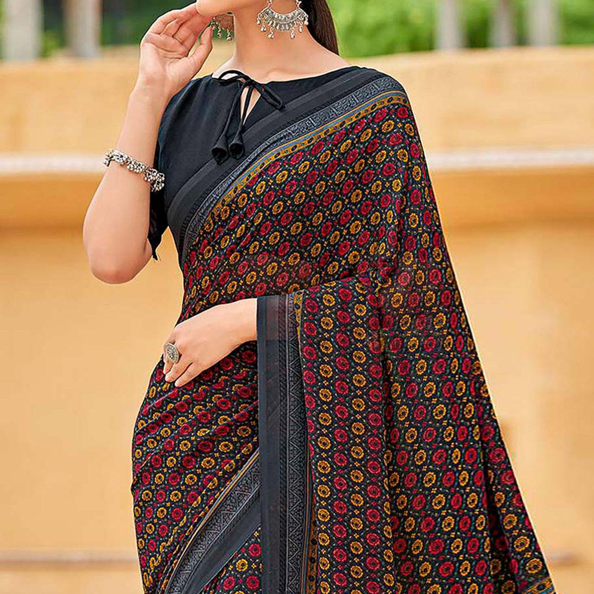Grey Printed Georgette Saree - Peachmode