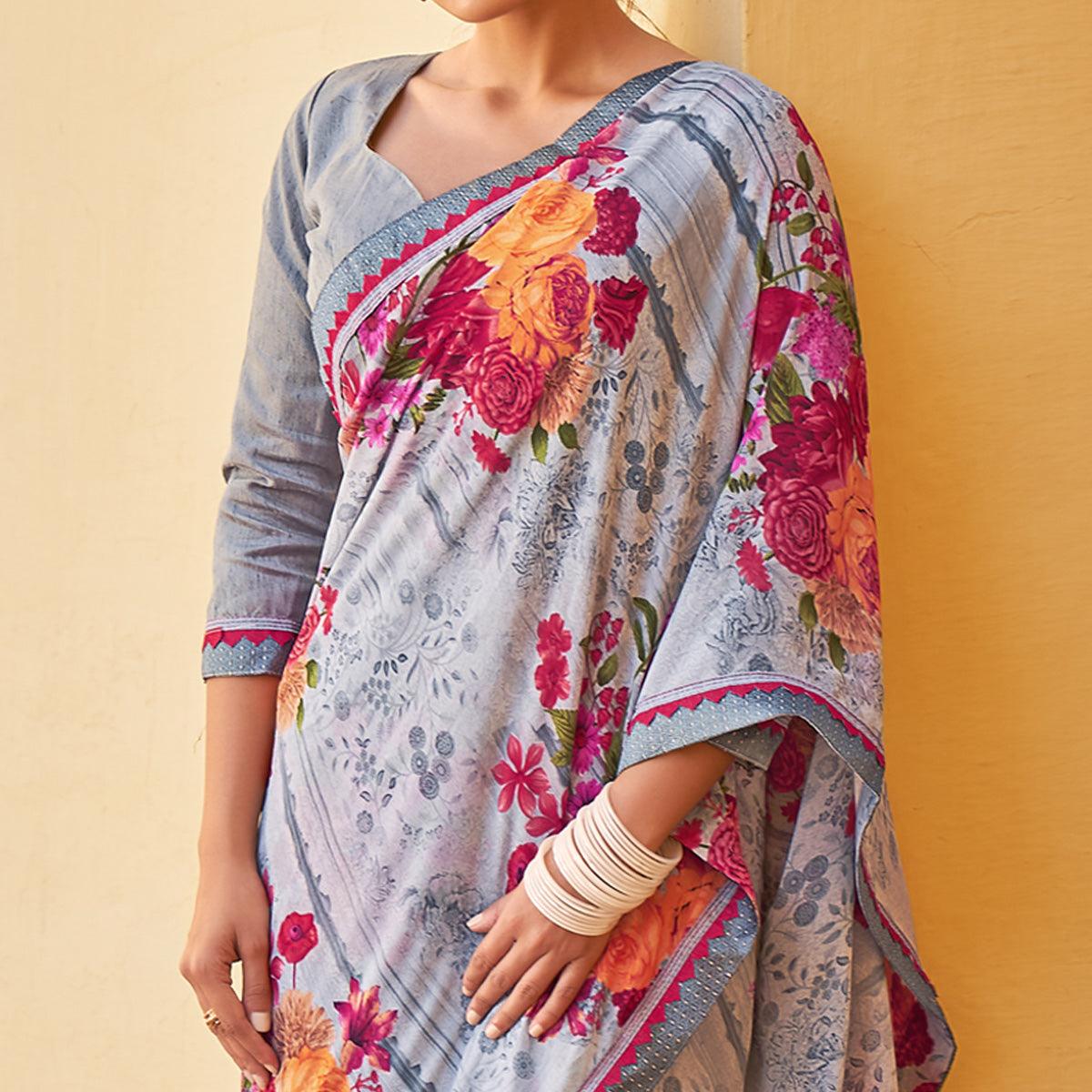 Grey Printed Georgette Saree - Peachmode