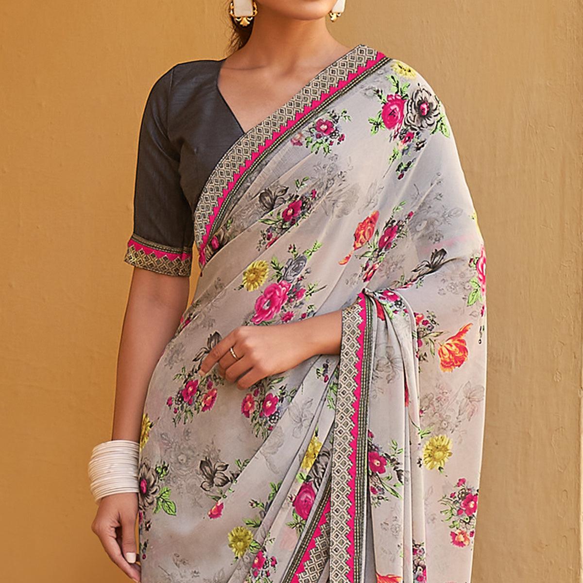 Grey Printed Georgette Saree - Peachmode