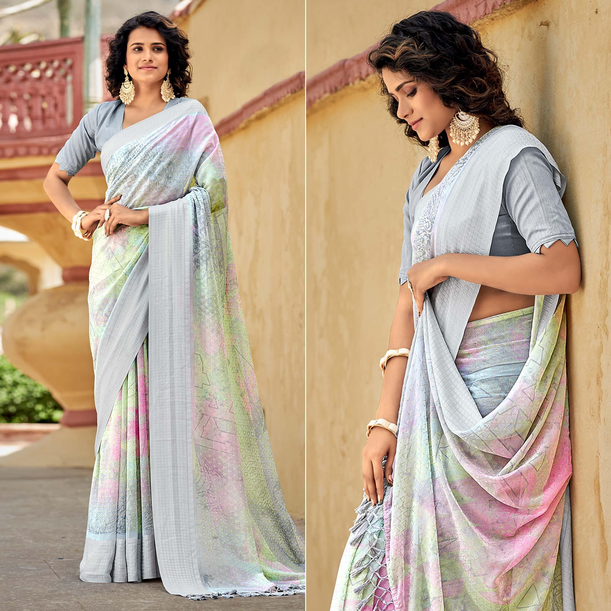 Grey Printed Georgette Saree With Tassels - Peachmode