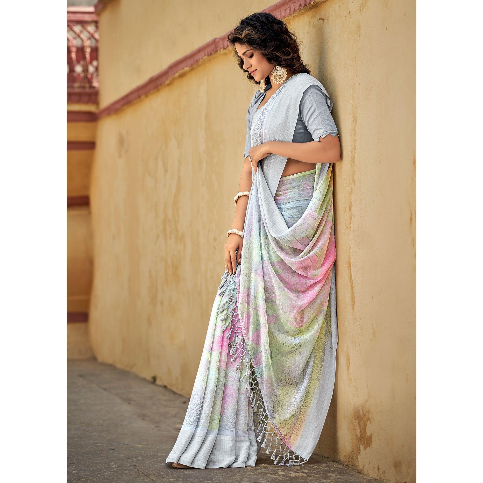Grey Printed Georgette Saree With Tassels - Peachmode