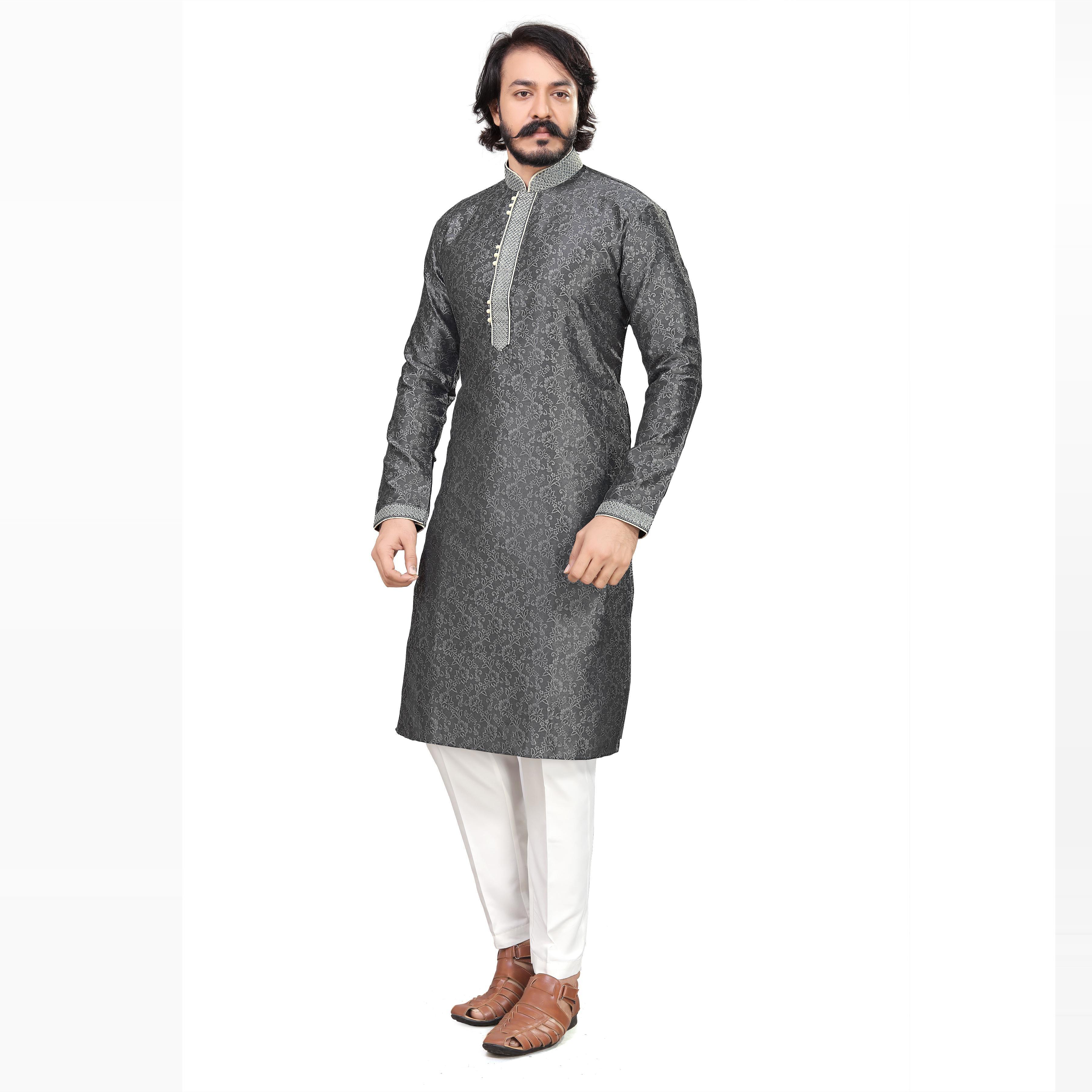 Grey Printed Jacquard Men's Kurta Pyjama Set - Peachmode