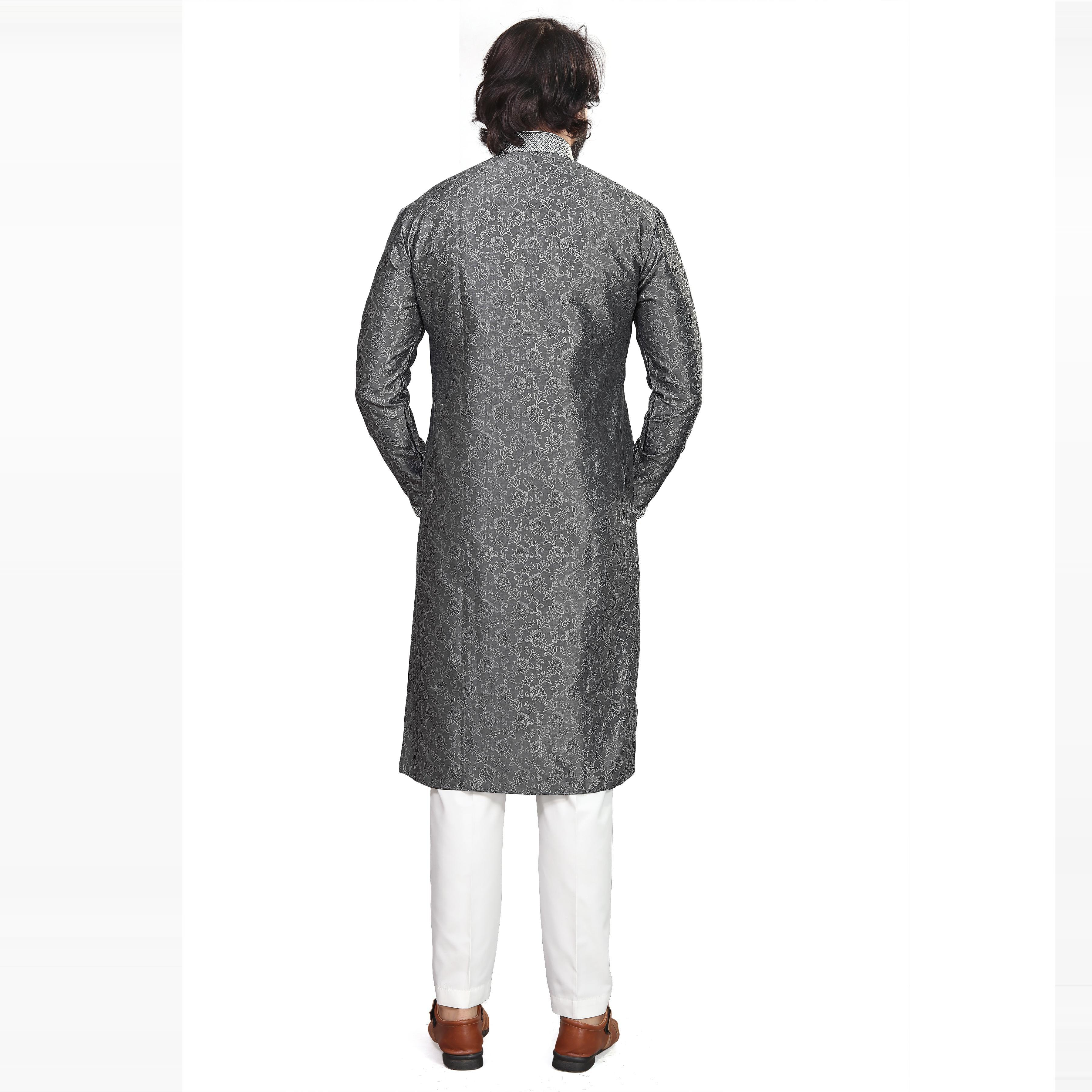 Grey Printed Jacquard Men's Kurta Pyjama Set - Peachmode