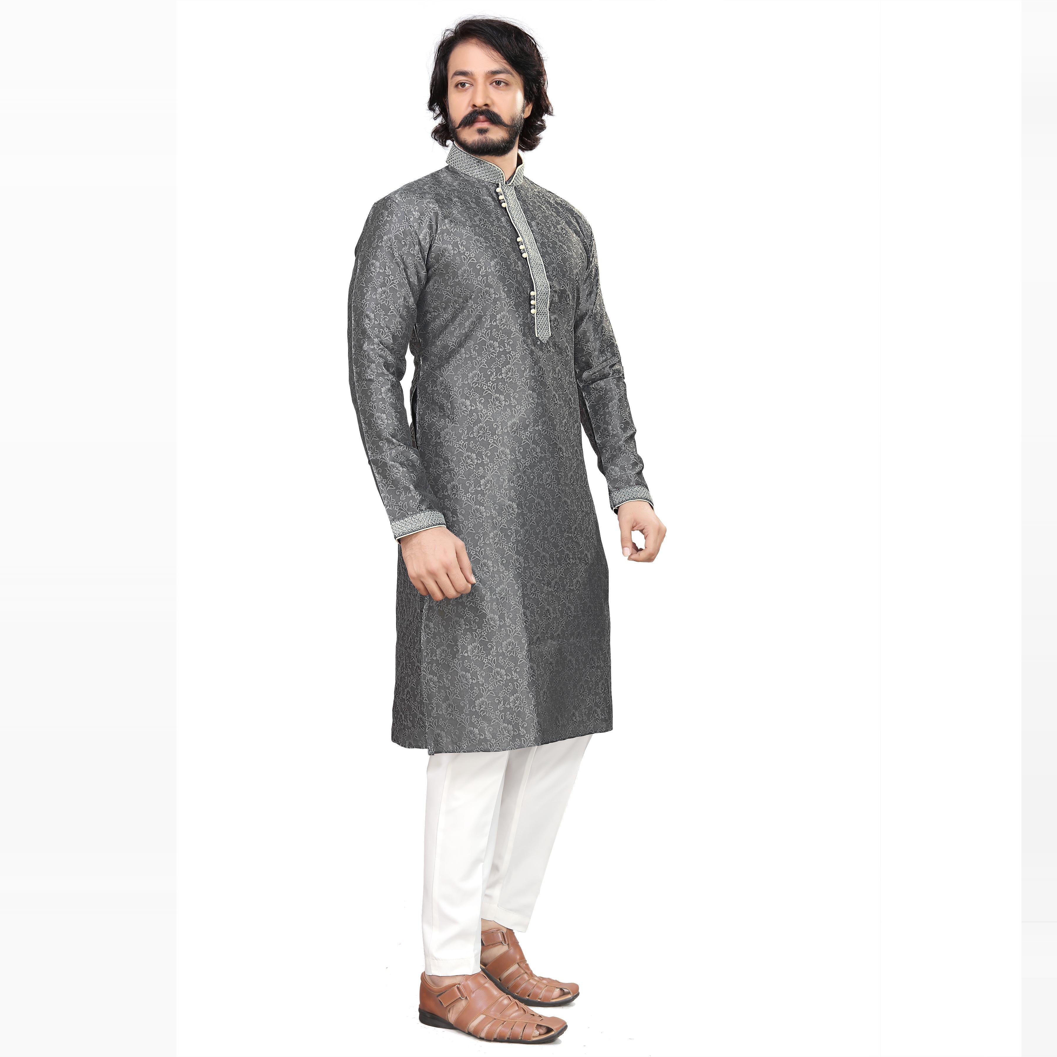 Grey Printed Jacquard Men's Kurta Pyjama Set - Peachmode