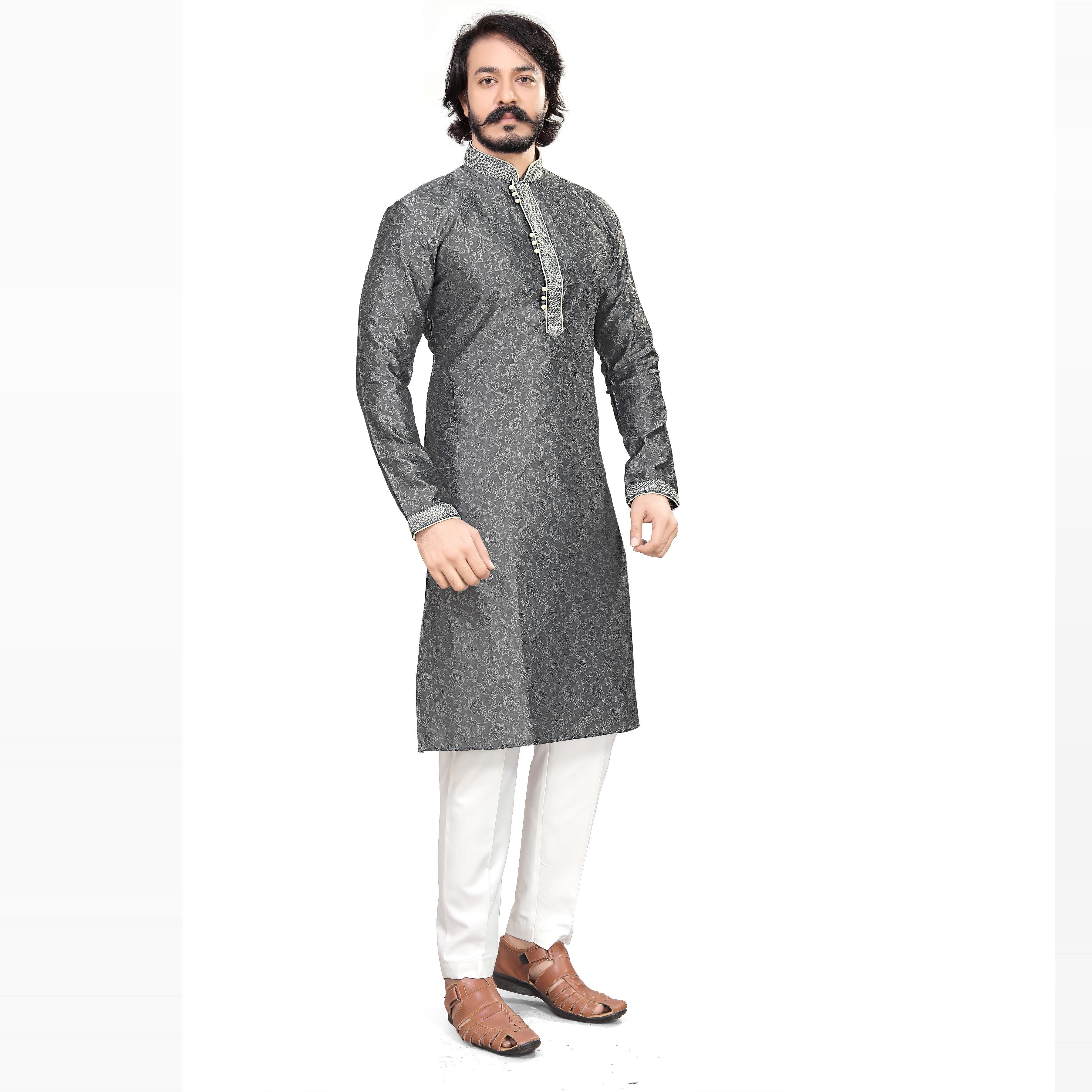 Grey Printed Jacquard Men's Kurta Pyjama Set - Peachmode