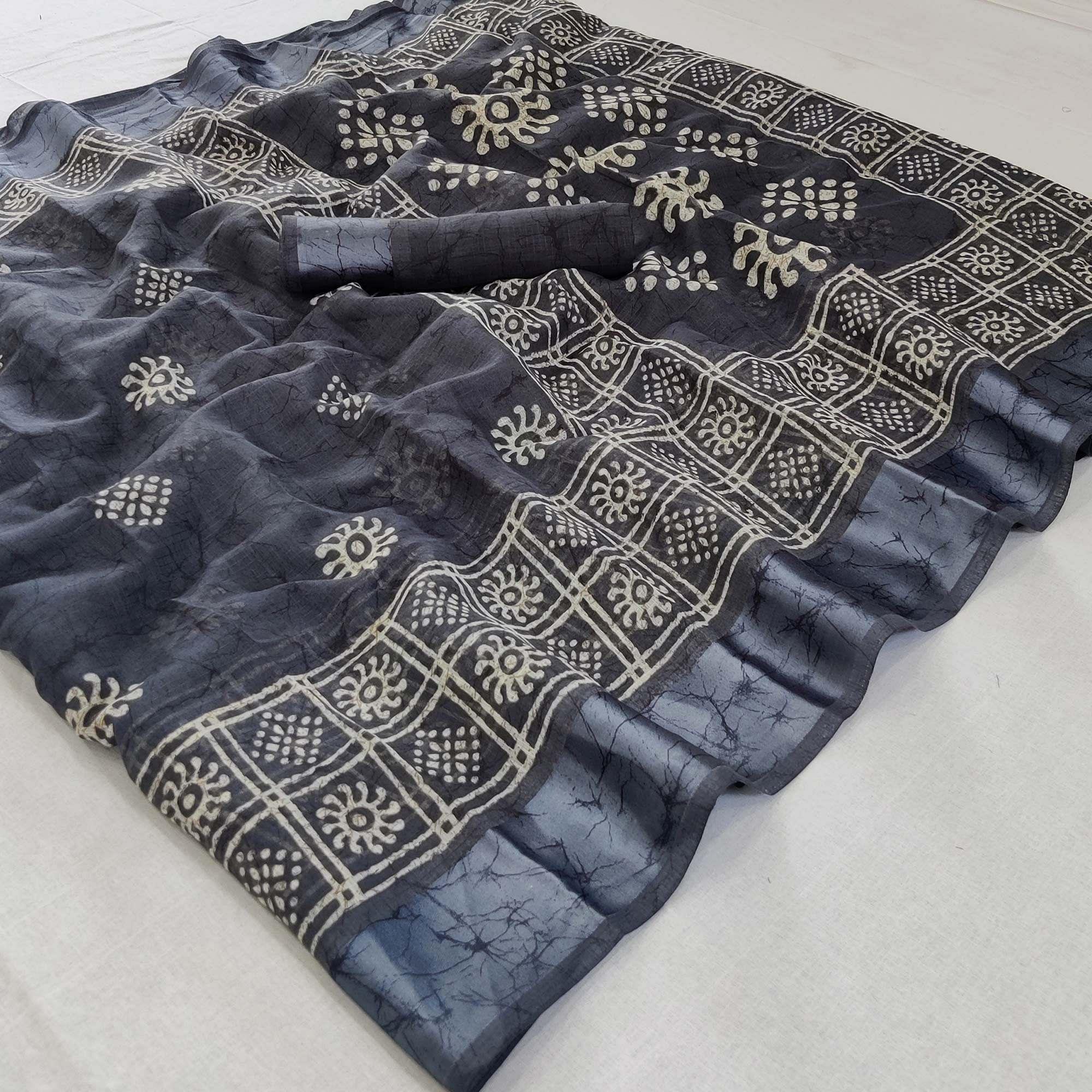 Grey Printed Linen Saree - Peachmode