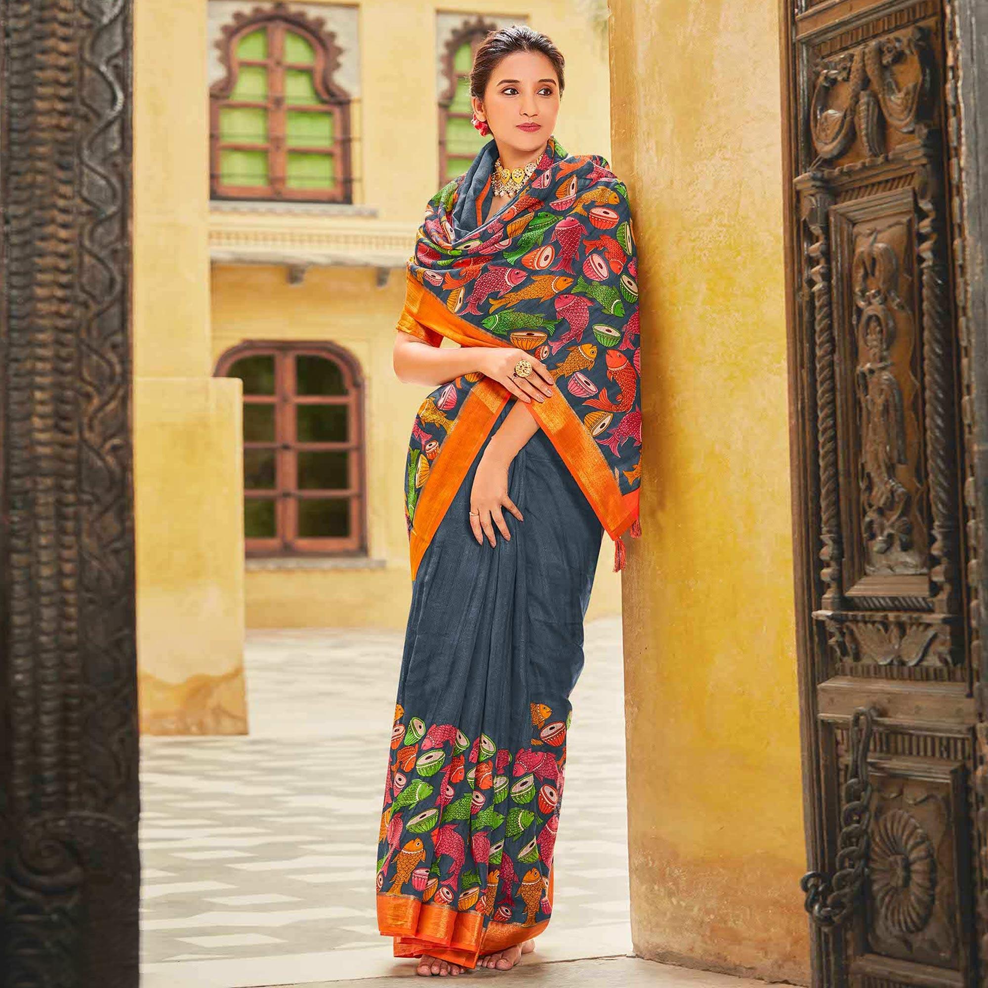 Grey Printed Linen Saree - Peachmode