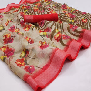 Grey Printed Linen Saree - Peachmode