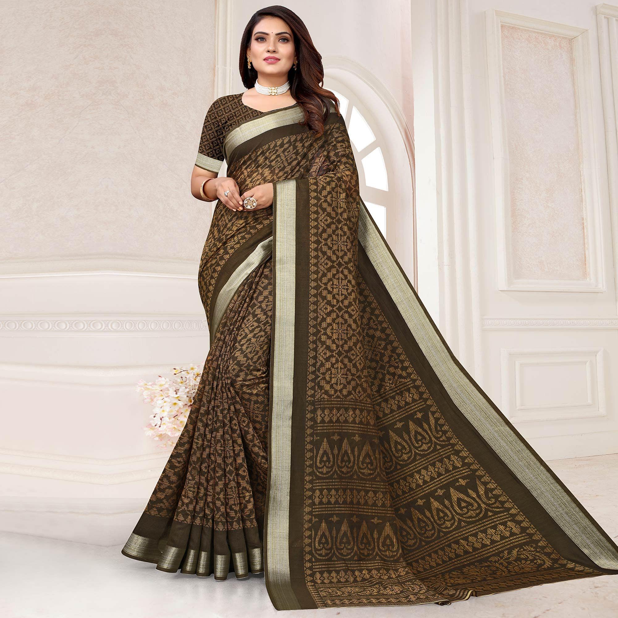Grey Printed Linen Saree - Peachmode