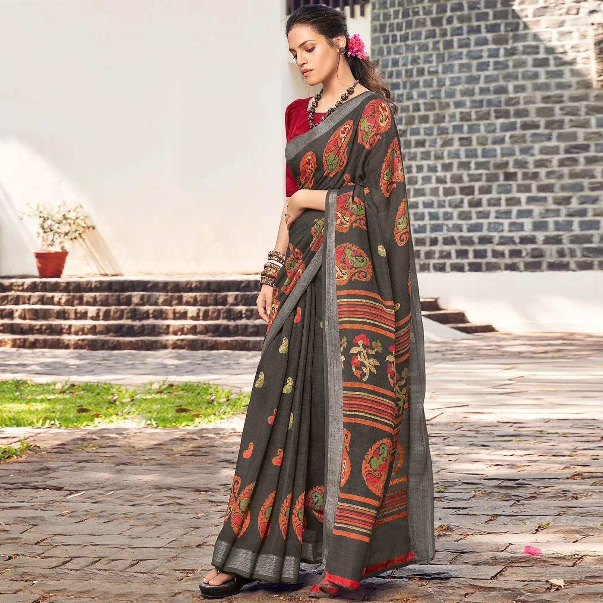 Grey Printed Linen Saree - Peachmode