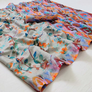 Grey Printed Linen Saree - Peachmode