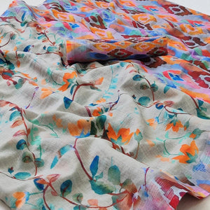 Grey Printed Linen Saree - Peachmode