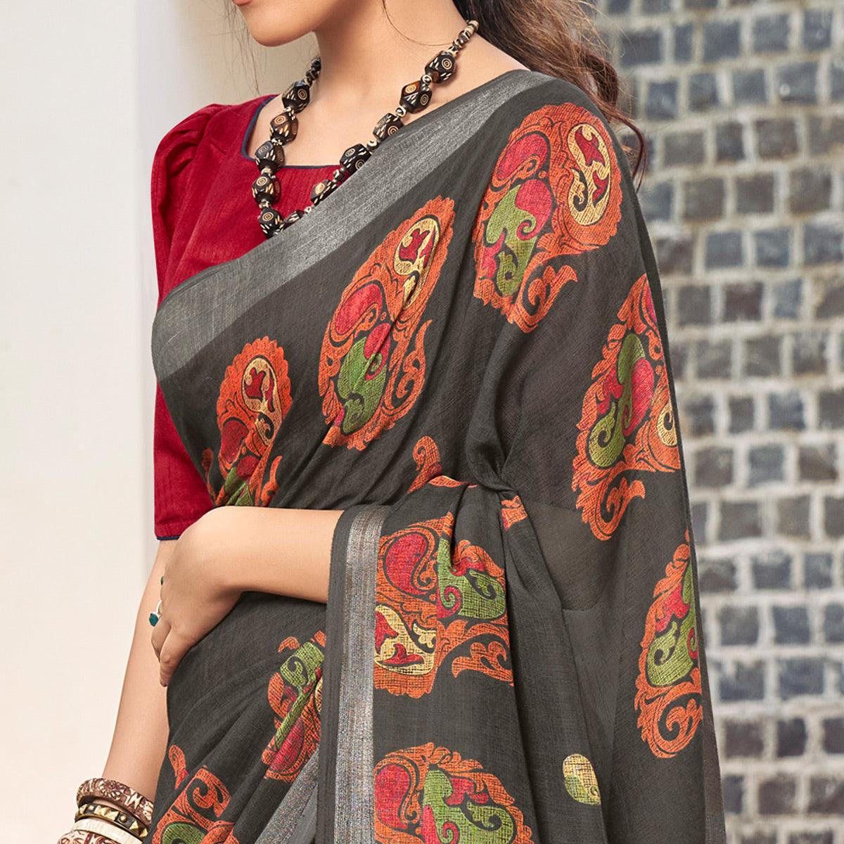 Grey Printed Linen Saree - Peachmode