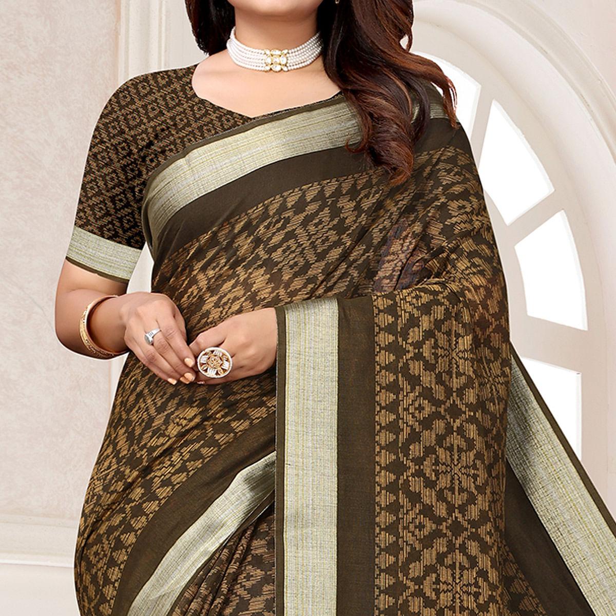 Grey Printed Linen Saree - Peachmode