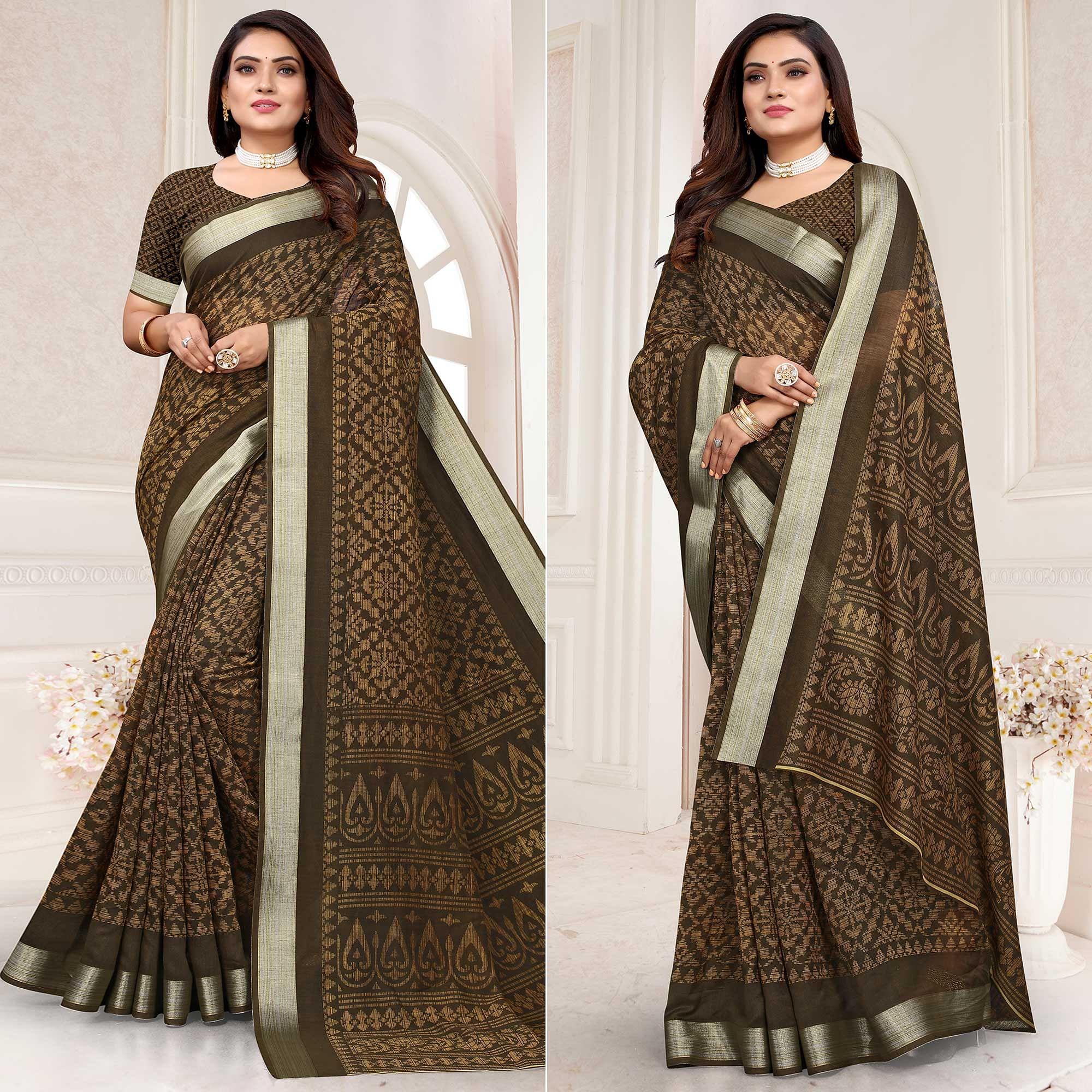 Grey Printed Linen Saree - Peachmode