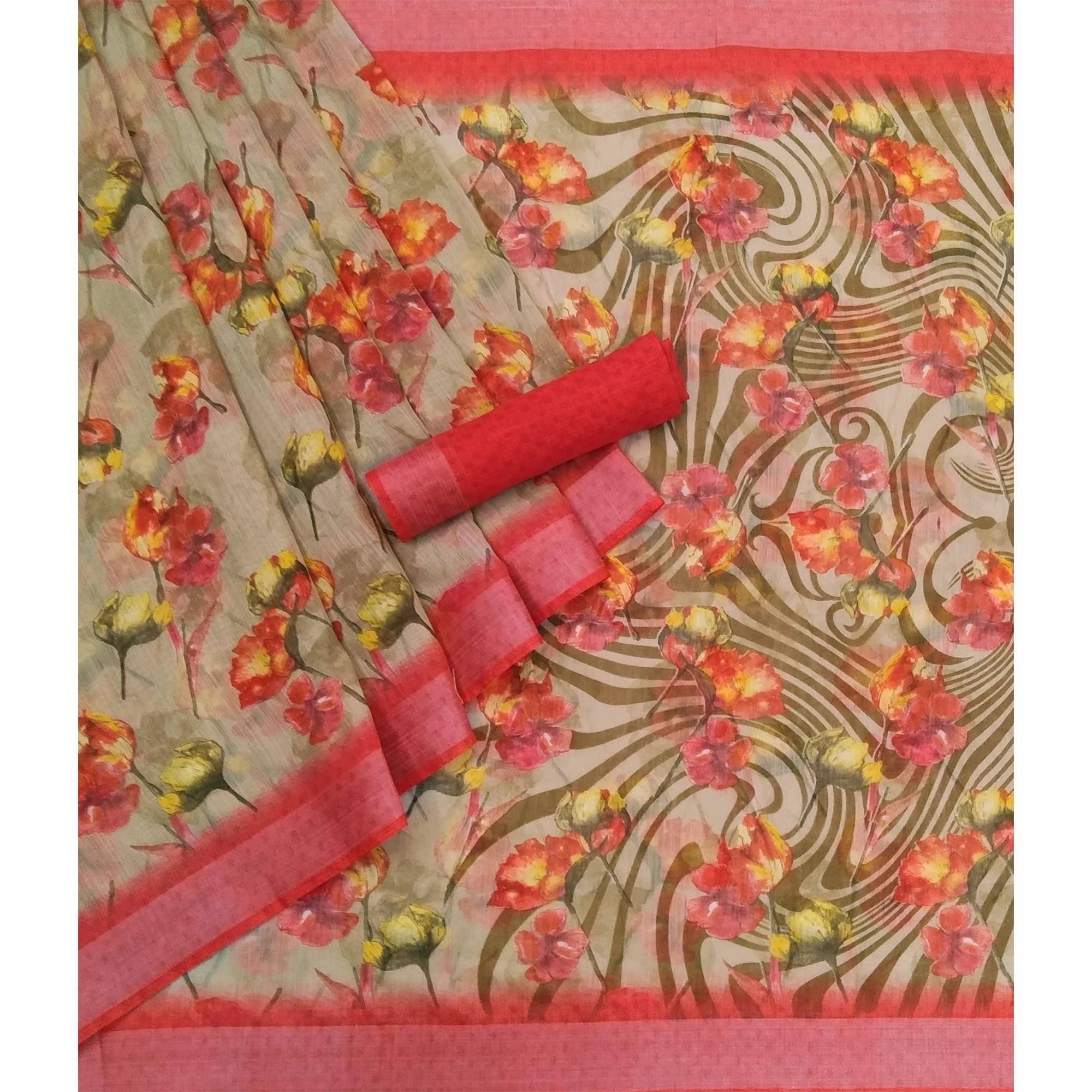 Grey Printed Linen Saree - Peachmode