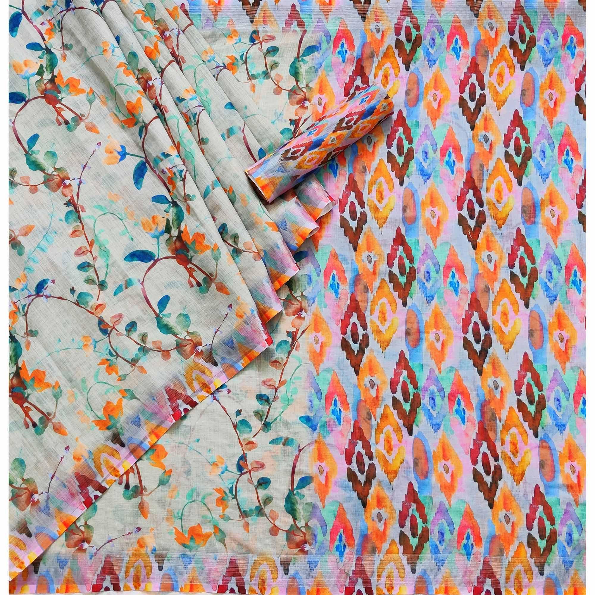 Grey Printed Linen Saree - Peachmode