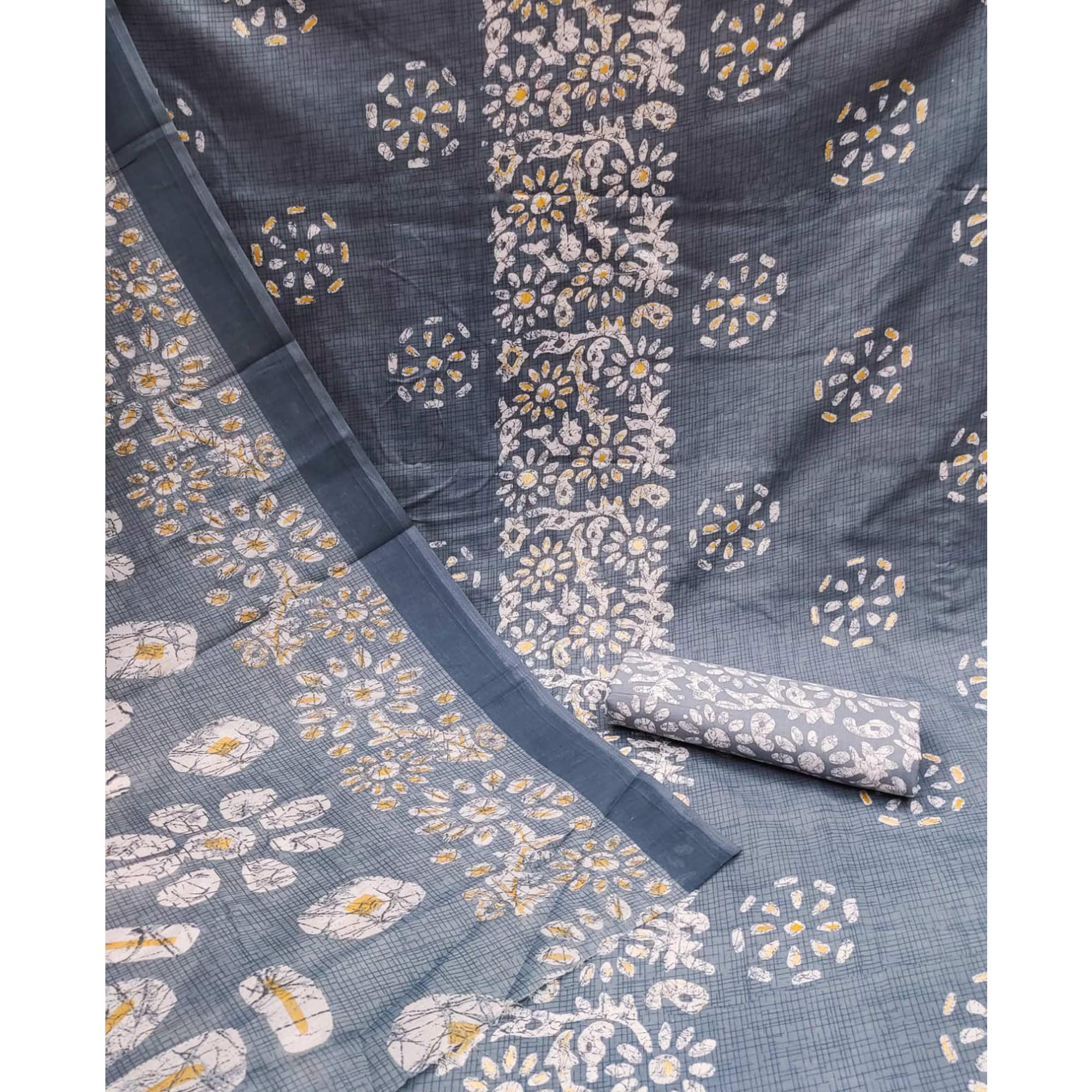 Grey Printed Poly Cotton Dress Material - Peachmode