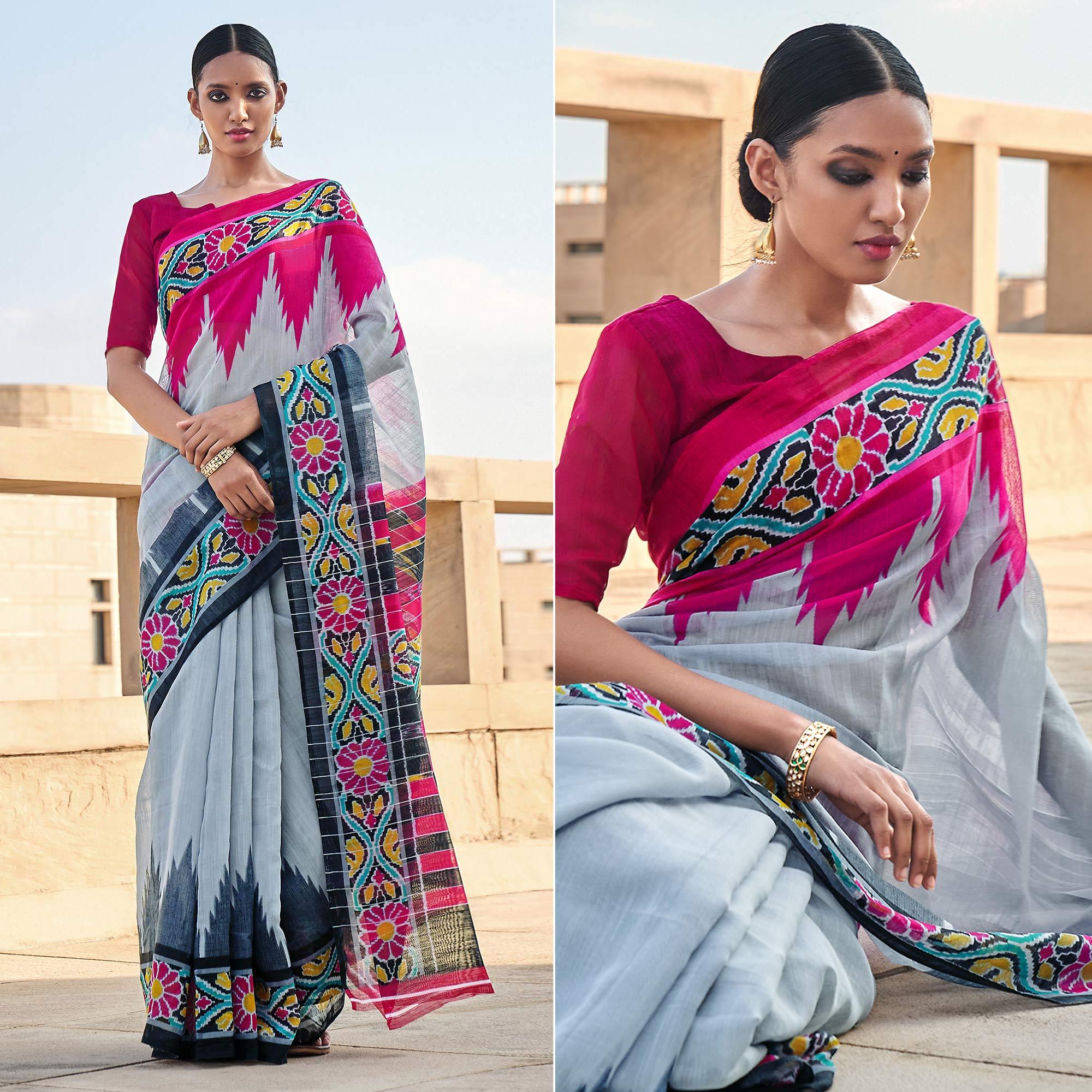 Grey Printed Poly Cotton Saree - Peachmode