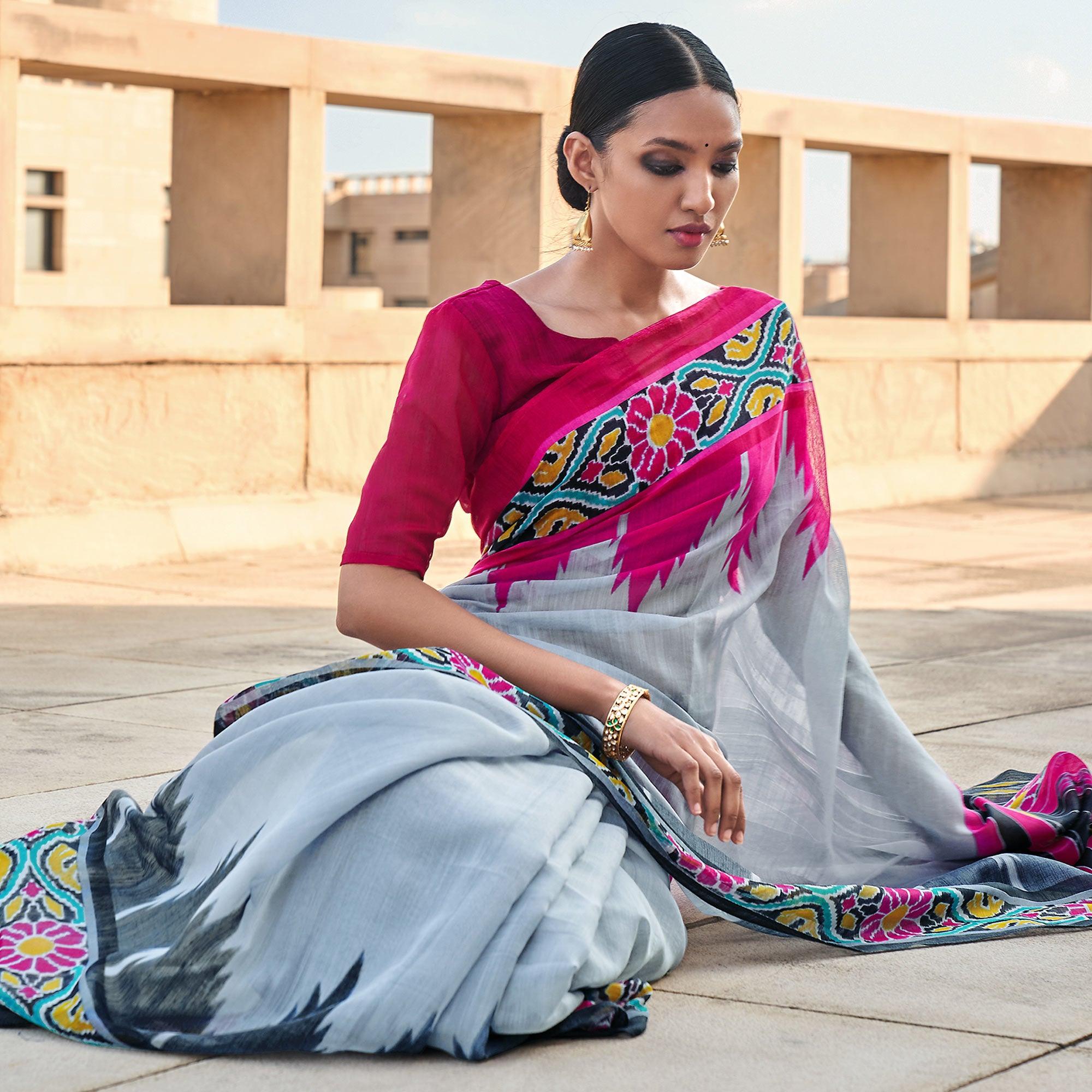 Grey Printed Poly Cotton Saree - Peachmode