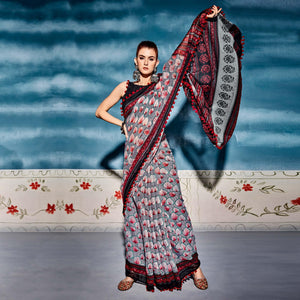 Grey Printed Poly Cotton Saree With Pumpum Lace - Peachmode