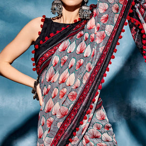 Grey Printed Poly Cotton Saree With Pumpum Lace - Peachmode