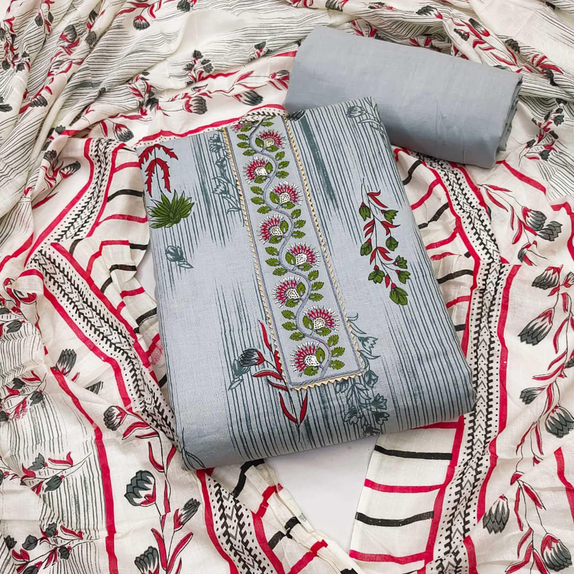 Grey Printed Pure Cotton Dress Material - Peachmode