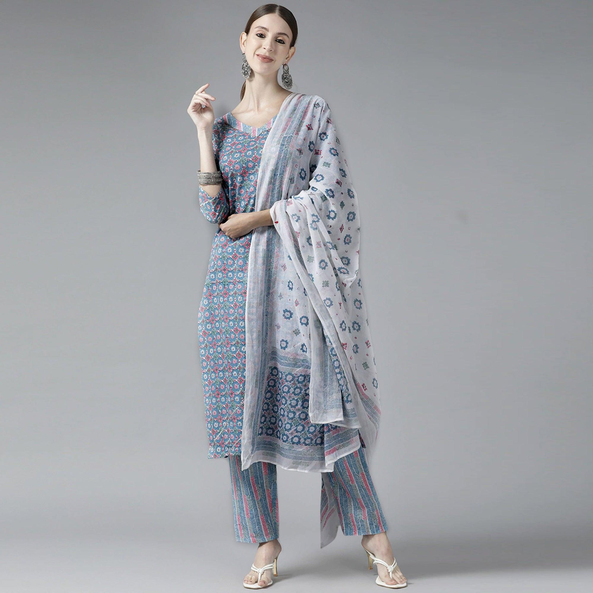 Grey Printed Pure Cotton Kurti Pant Set with Dupatta - Peachmode