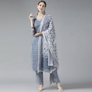 Grey Printed Pure Cotton Kurti Pant Set with Dupatta - Peachmode
