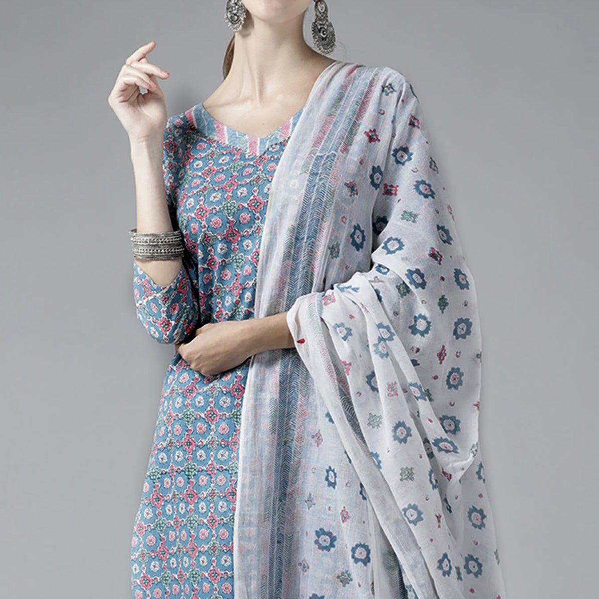 Grey Printed Pure Cotton Kurti Pant Set with Dupatta - Peachmode