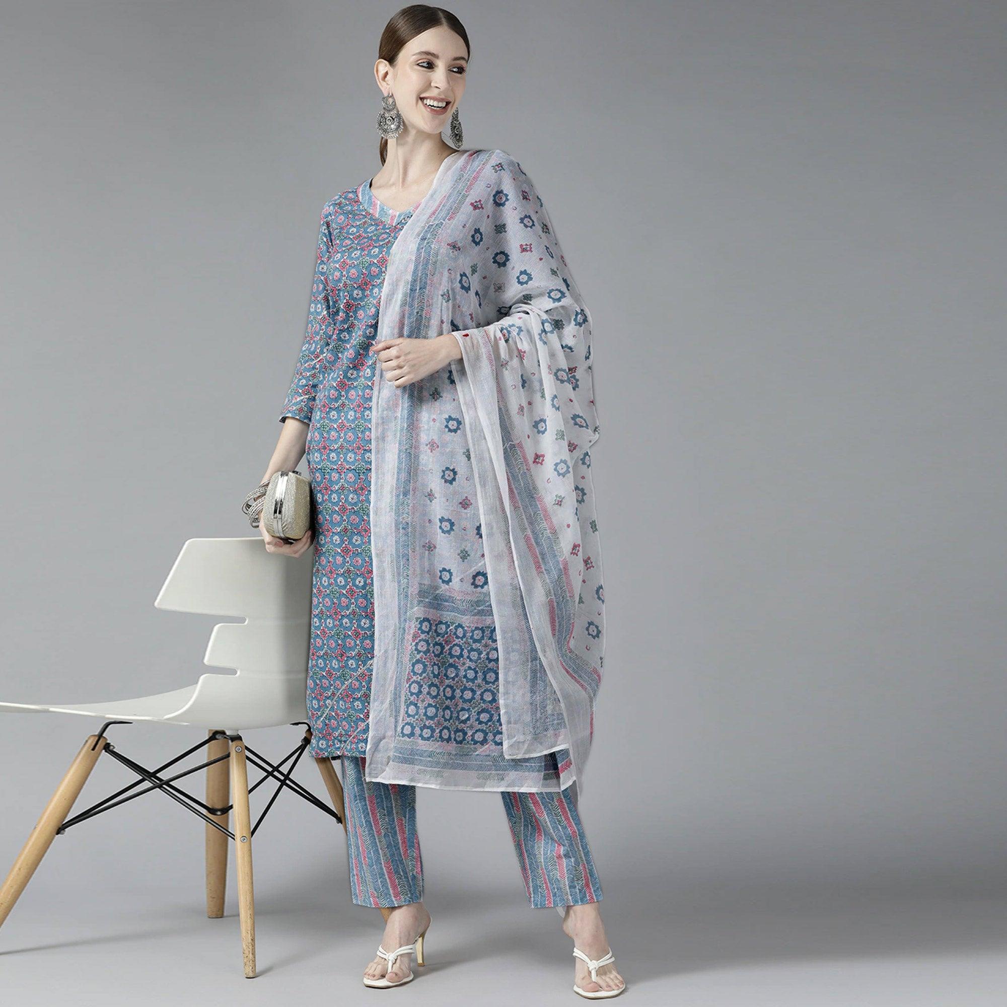 Grey Printed Pure Cotton Kurti Pant Set with Dupatta - Peachmode