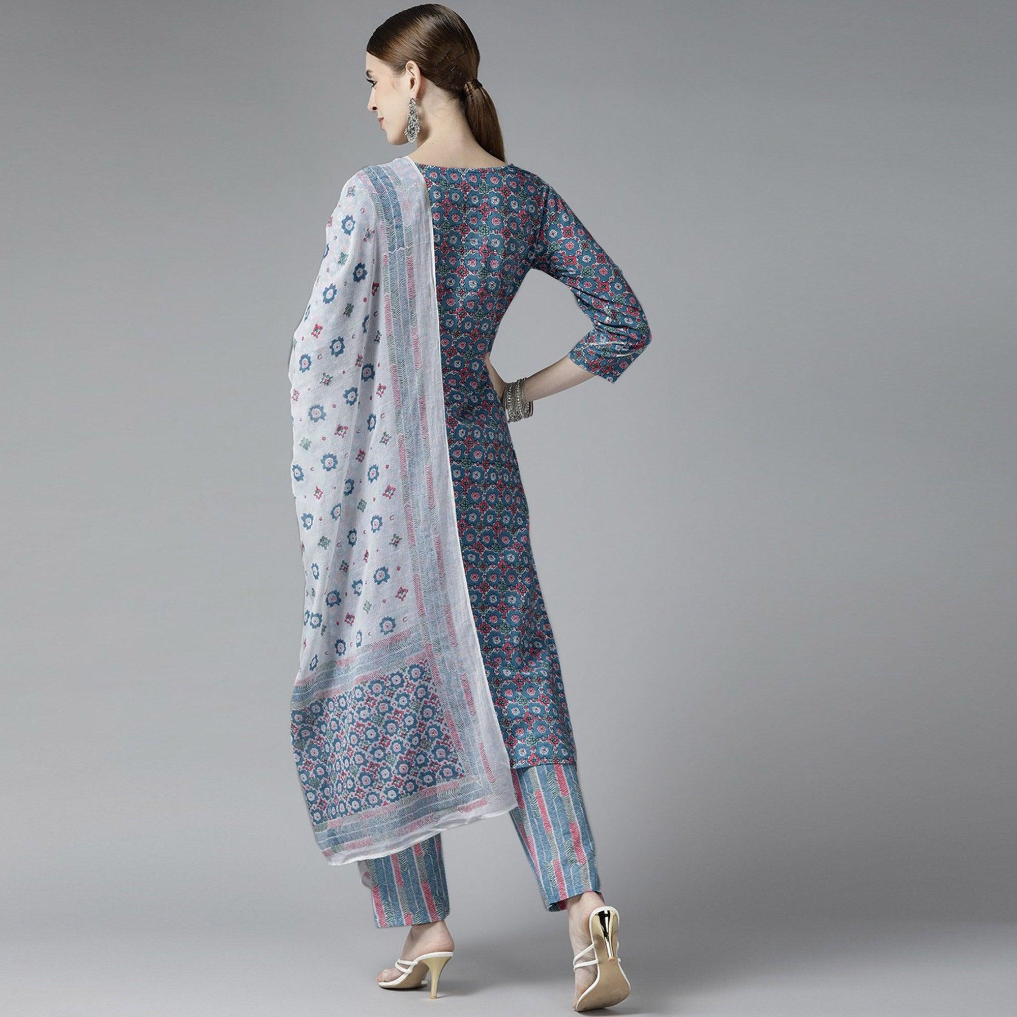 Grey Printed Pure Cotton Kurti Pant Set with Dupatta - Peachmode