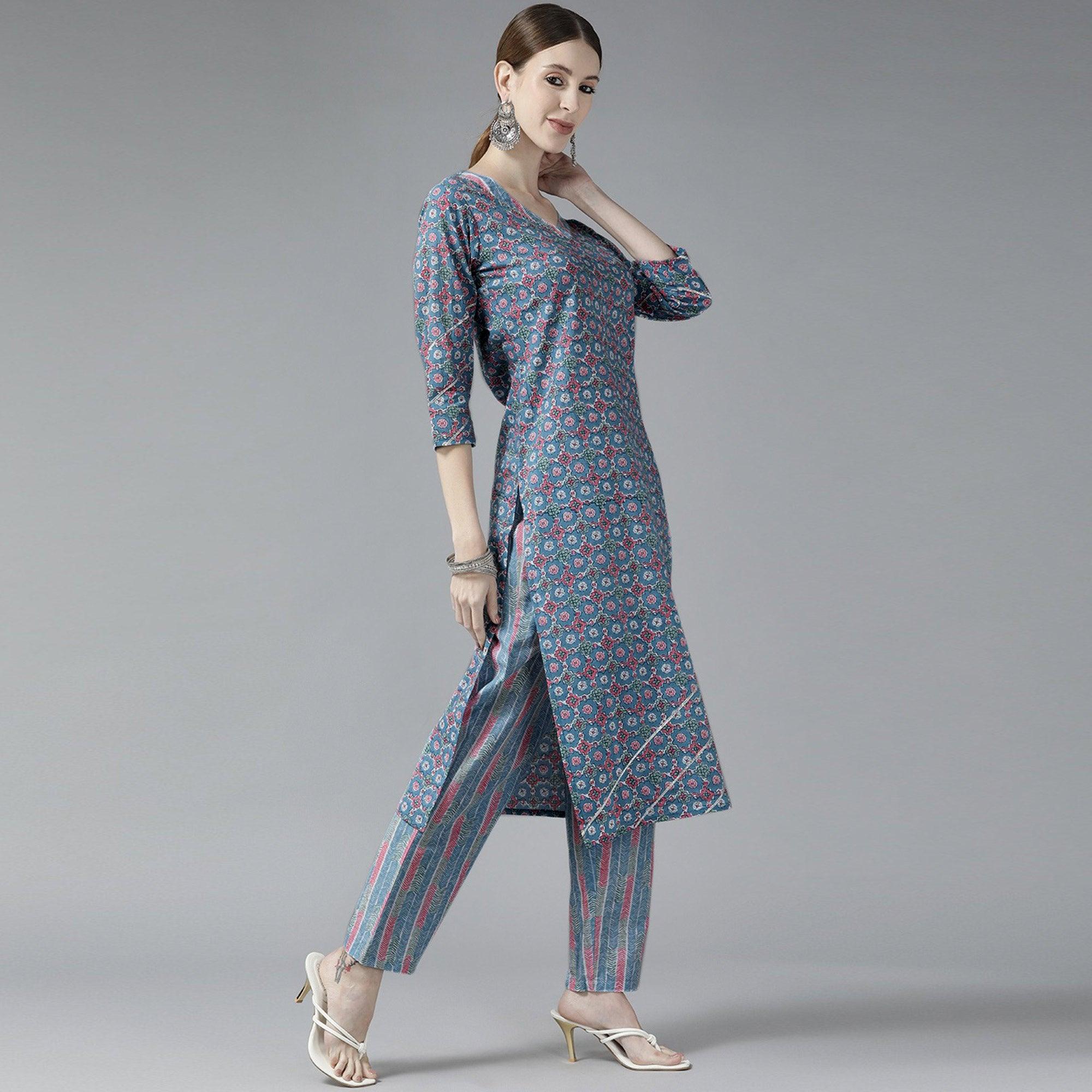 Grey Printed Pure Cotton Kurti Pant Set with Dupatta - Peachmode