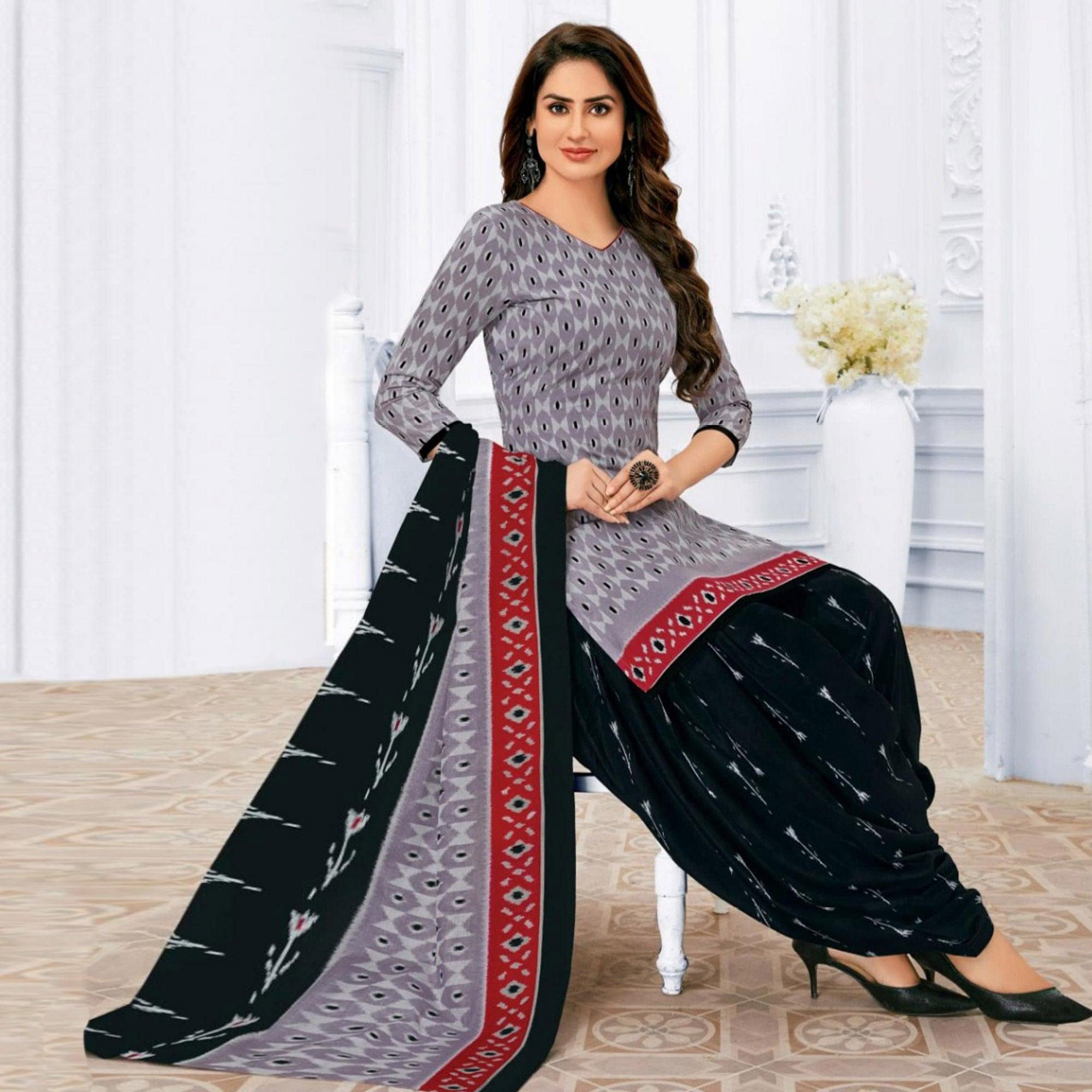 Grey Printed Pure Cotton Patiala Dress Material - Peachmode