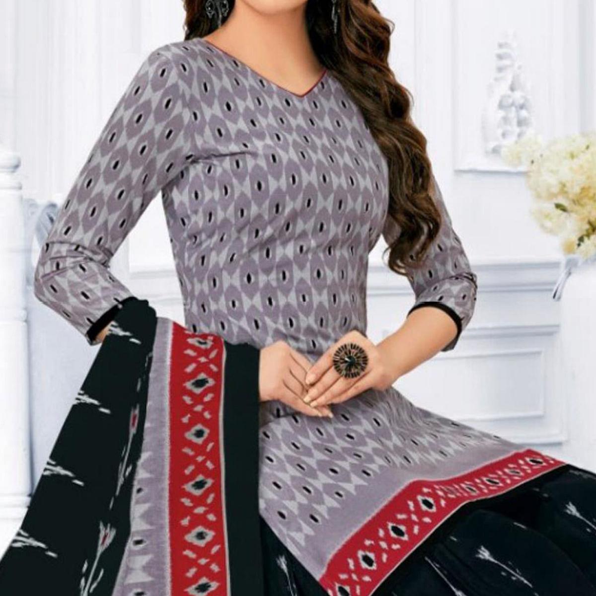 Grey Printed Pure Cotton Patiala Dress Material - Peachmode