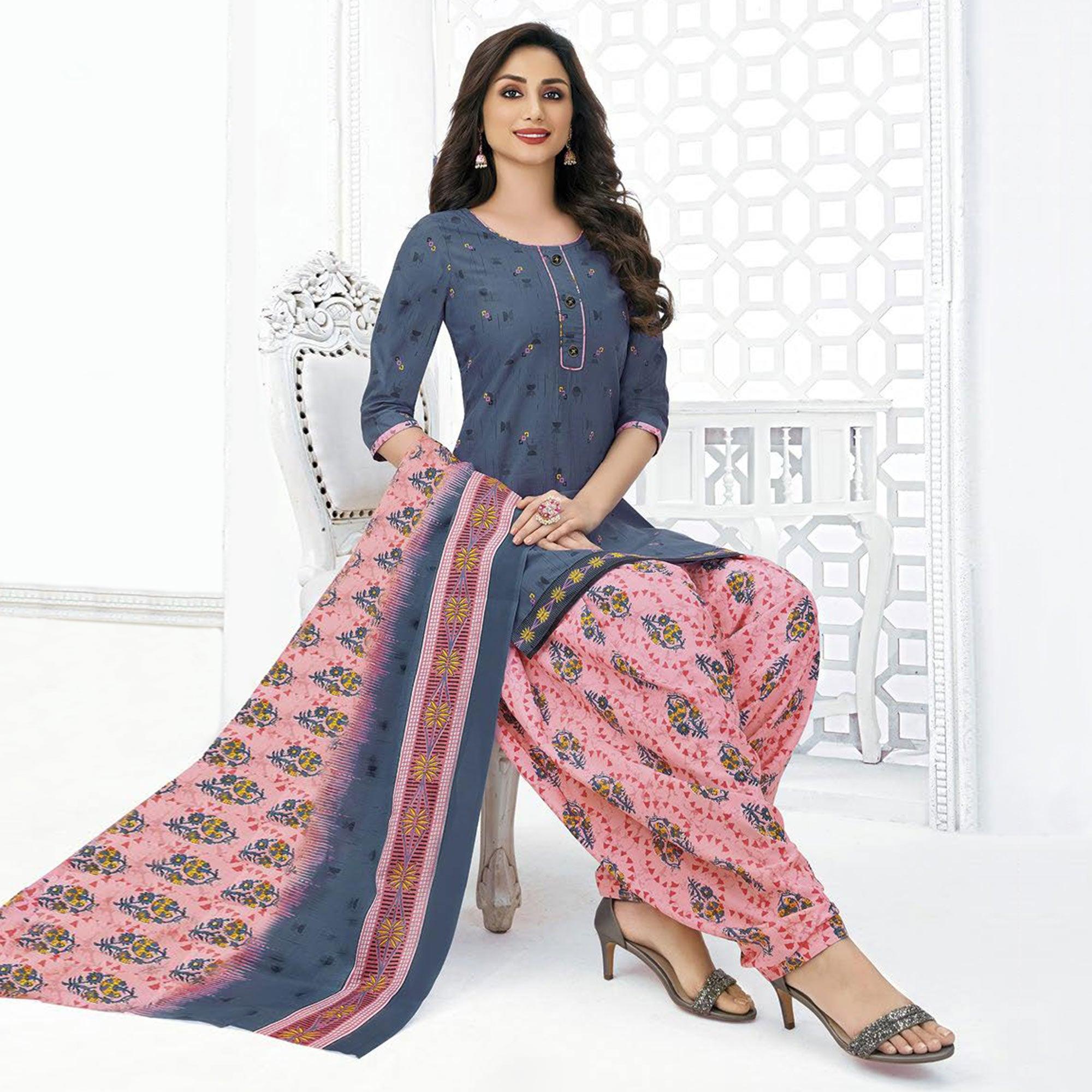 Grey Printed Pure Cotton Stitched Patiala Suit - Peachmode