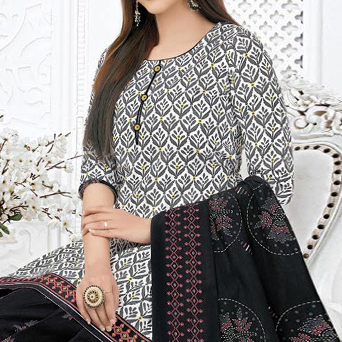 Grey Printed Pure Cotton Stitched Patiala Suit - Peachmode