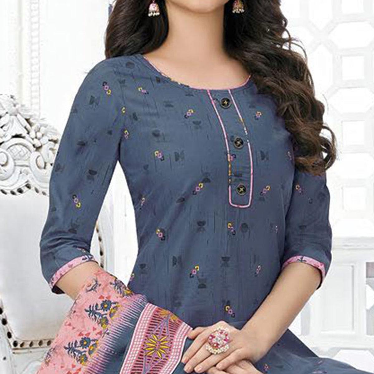 Grey Printed Pure Cotton Stitched Patiala Suit - Peachmode