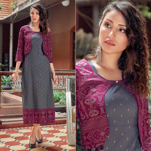 Grey Printed Rayon Anarkali Kurti - Peachmode