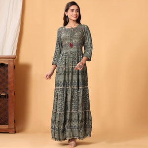 Grey Printed Rayon Kurti - Peachmode